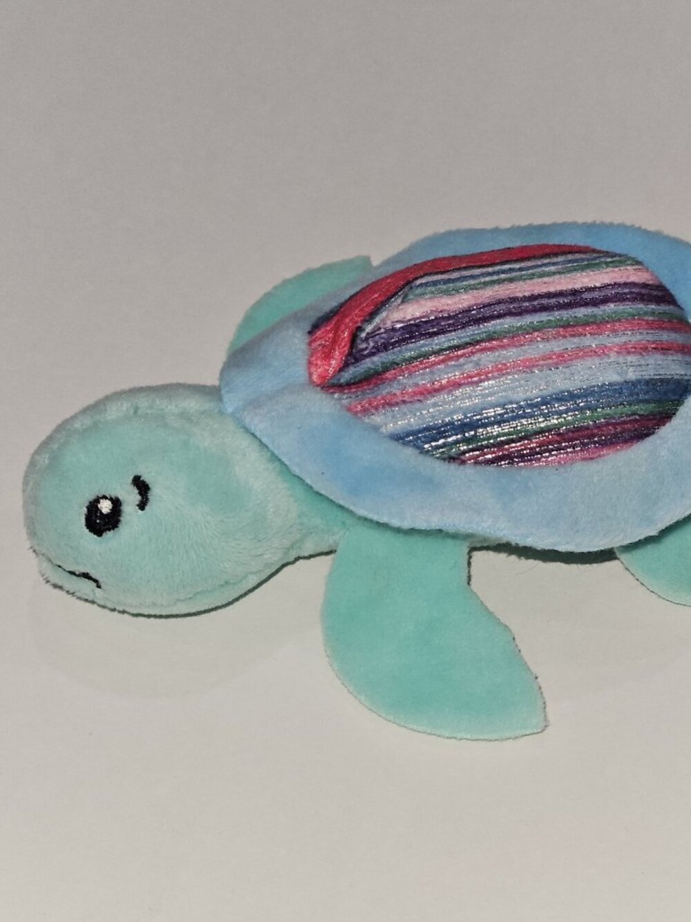 Small Turtle Plush 5" Long Green-ish With Pink Blue Silver Purple Striped Shell